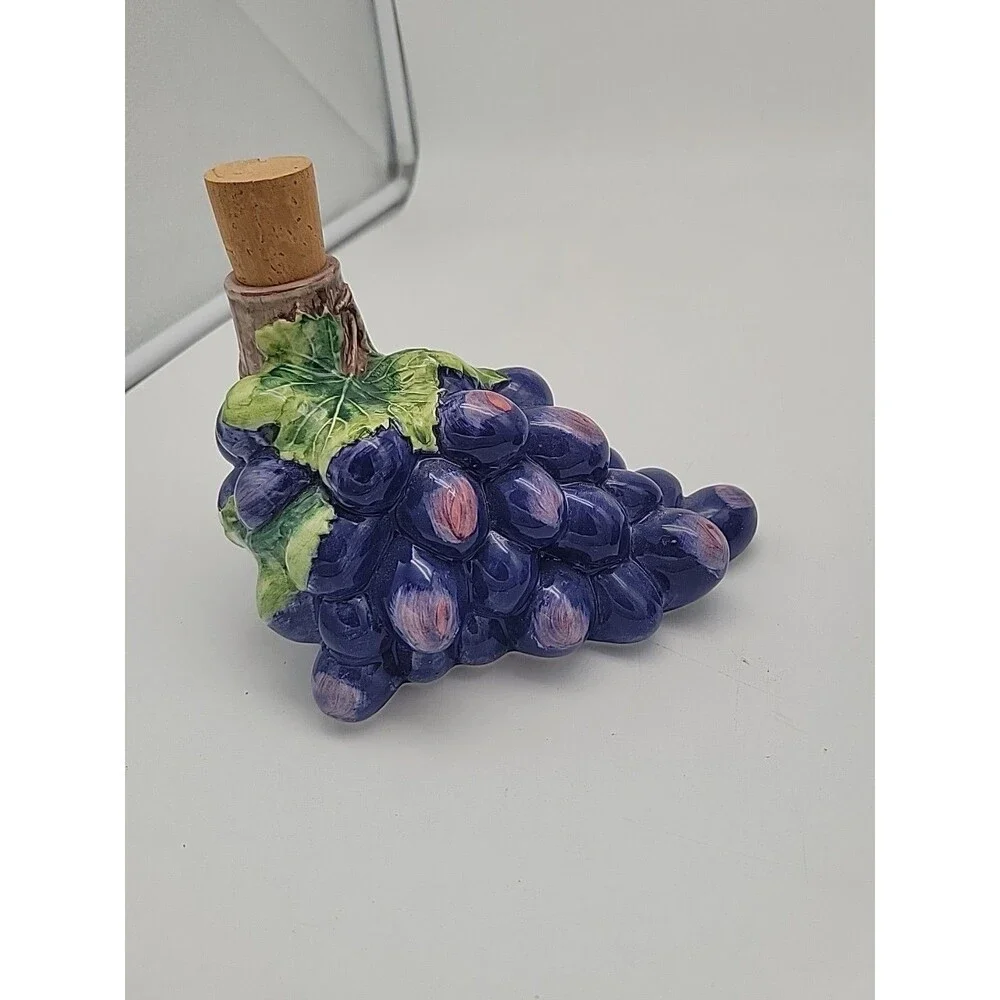 Mid Century Vintage Hand Painted Ceramic Grape Cluster Cork Wine Decanters Italy
